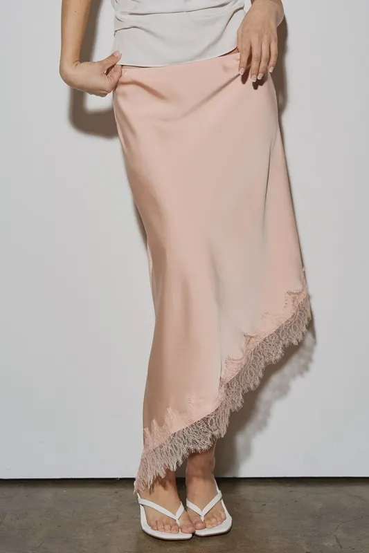 Asymmetrical Satin Lace Midi Skirt