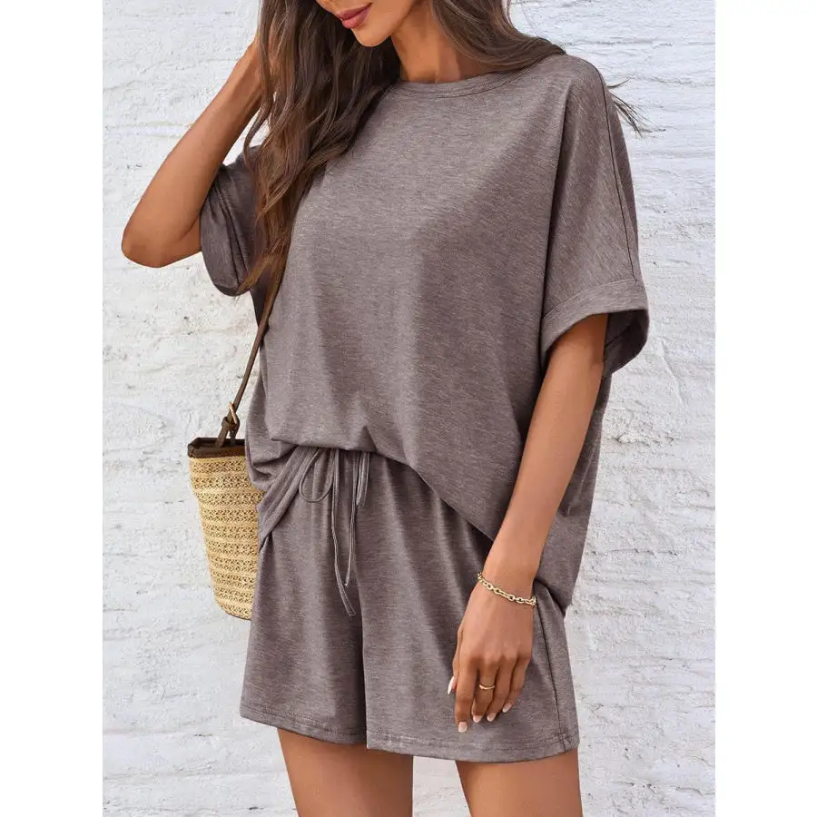 Round Neck T Shirt and Drawstring Shorts Set