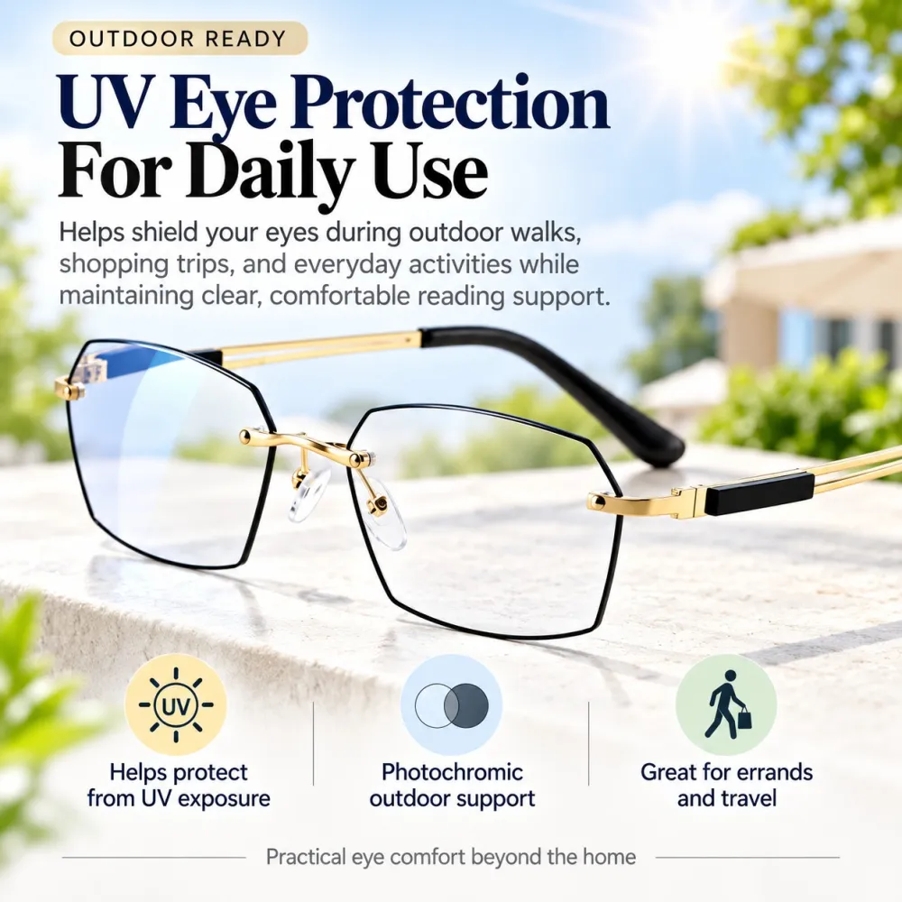 👓 Auto-Tint Senior Readers – BlueLight Blocking + UV Protection, Lightweight Metal Frame
