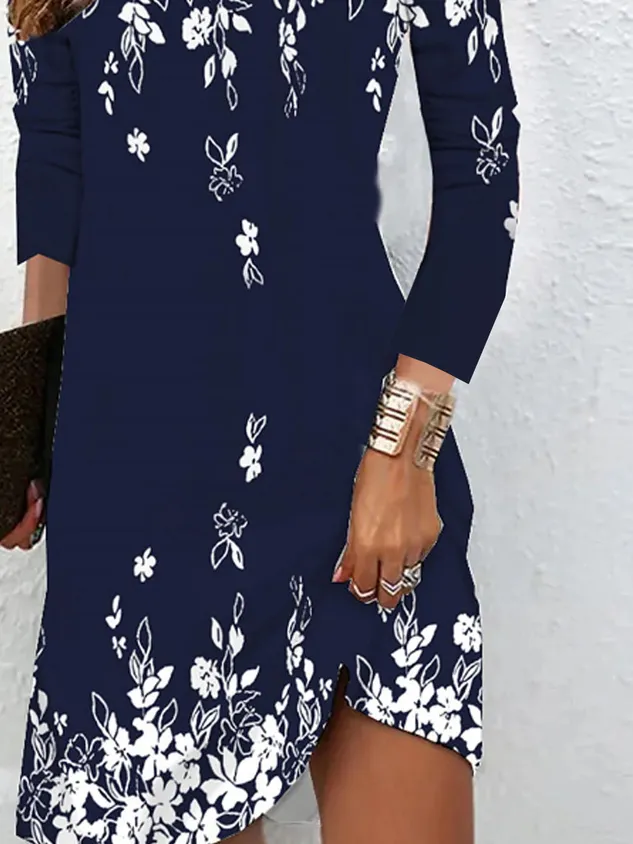 Women Floral Crew Neck Long Sleeve Comfy Casual Midi Dress