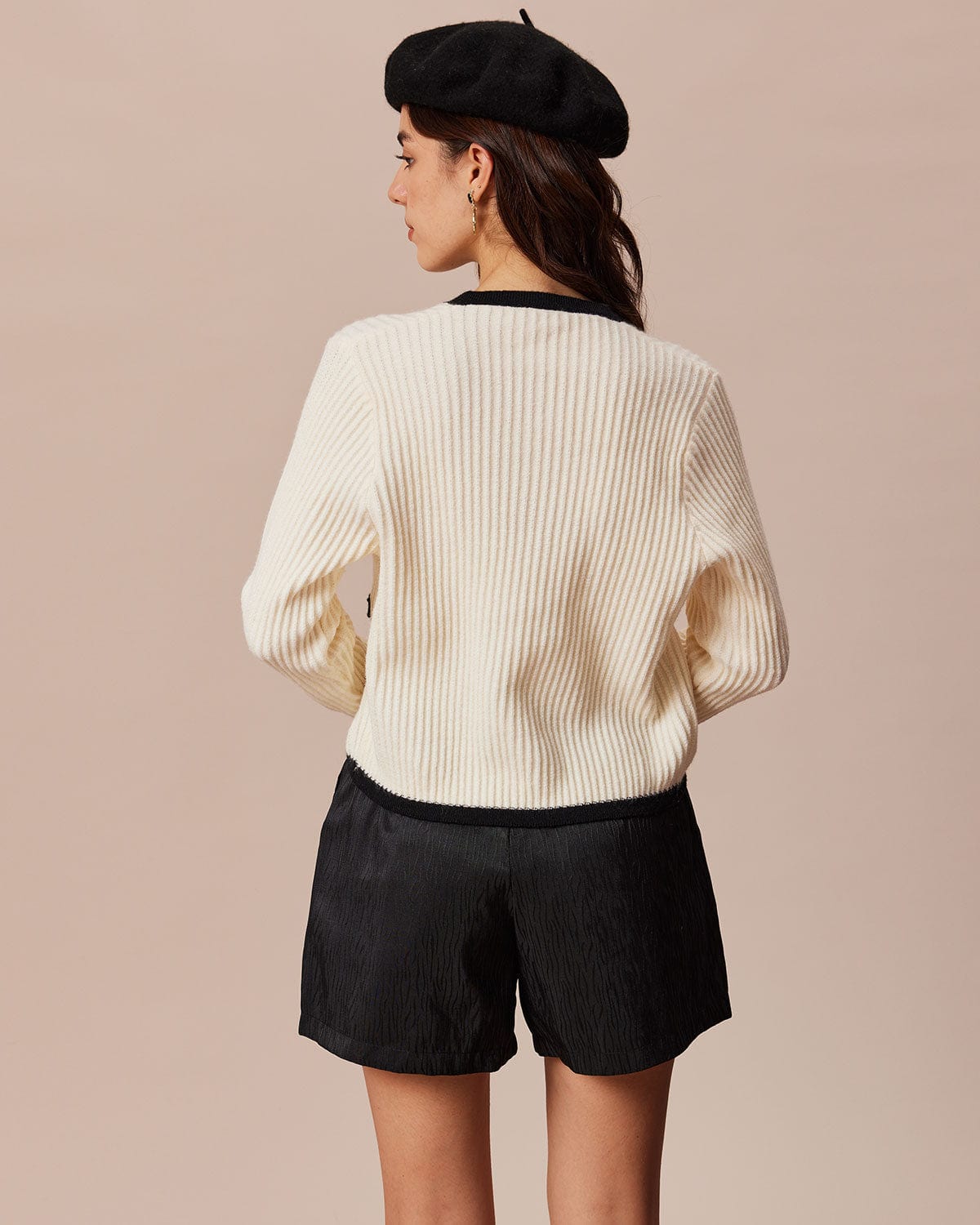 The Beige Round Neck Contrast Trim Cardigan