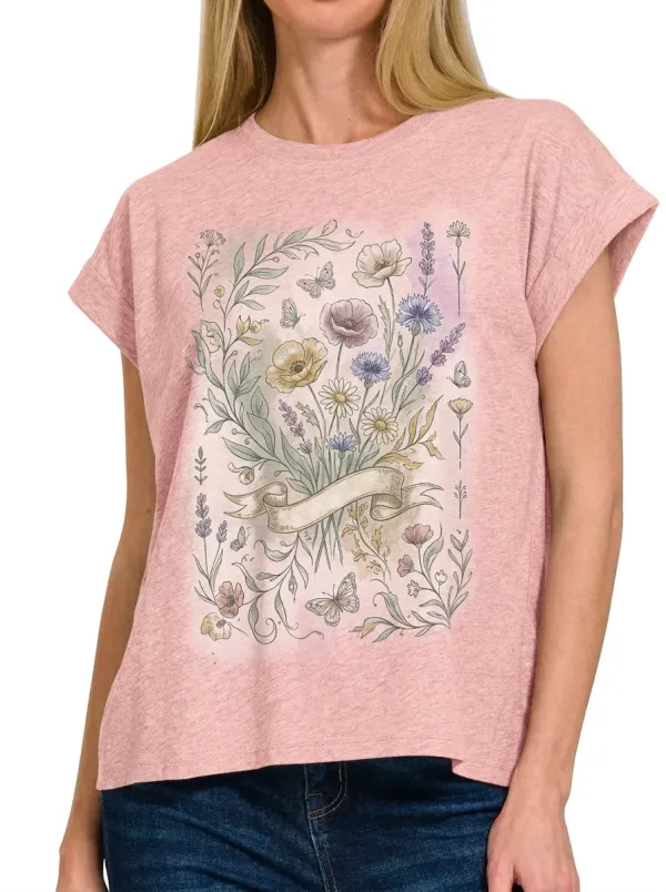 Women's Botanical Floral Butterfly Ribbon Printed T-shirt