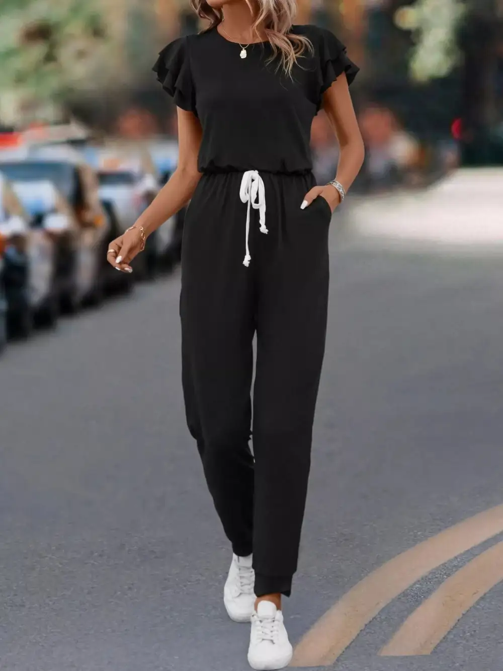 Ruffle Drawstring Jumpsuit