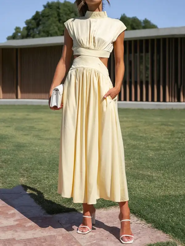 Belly Pleated Sleeve Maxi Dress