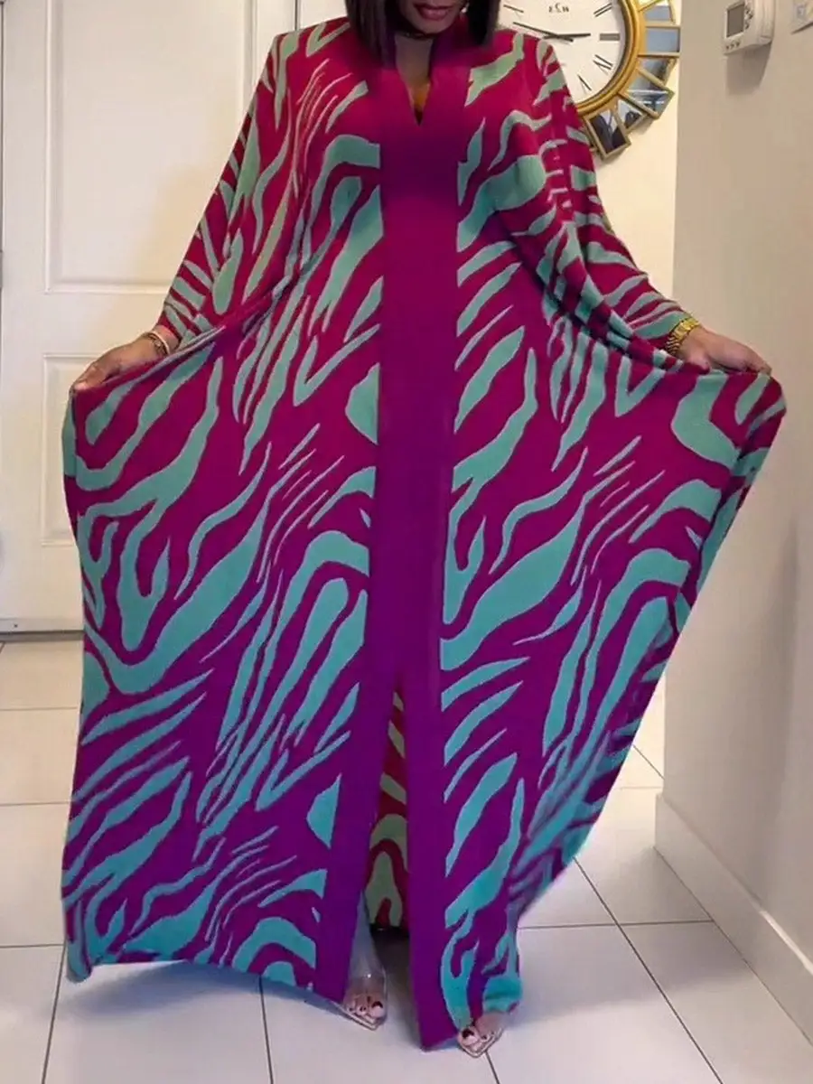 Batwing Printed Long Neck Maxi Dress