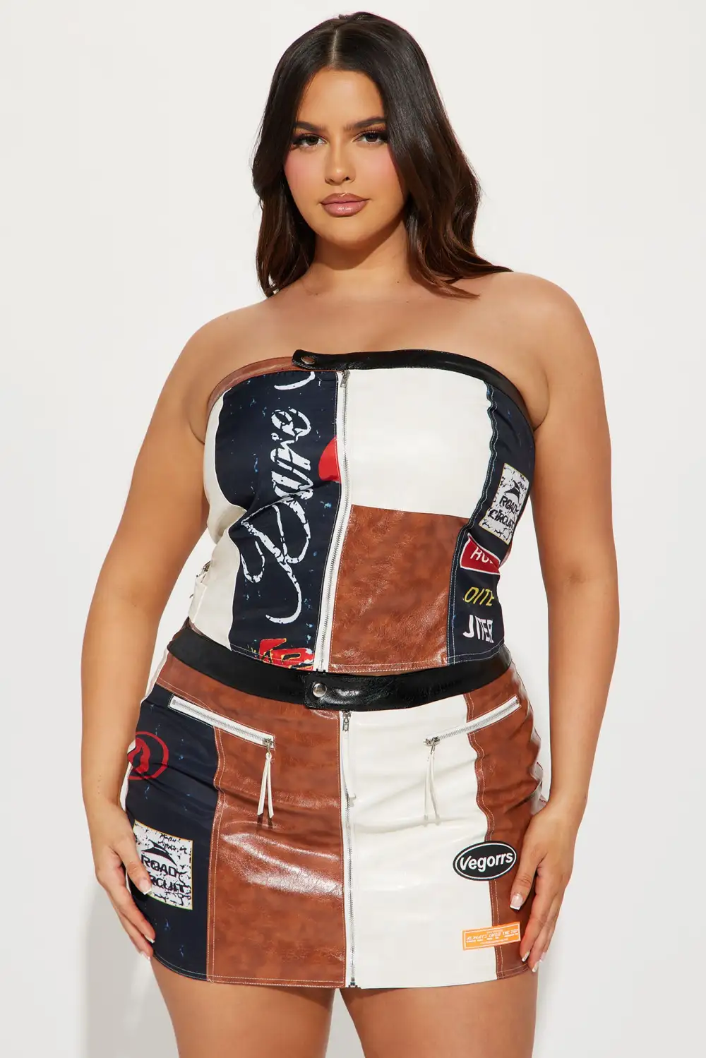 Always Over The Top Faux Leather Skirt Set - Brown Combo