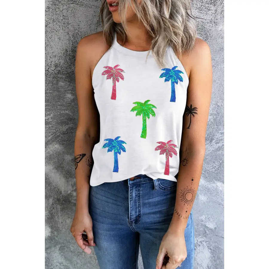 Sequin Coconut Tree Round Neck Tank