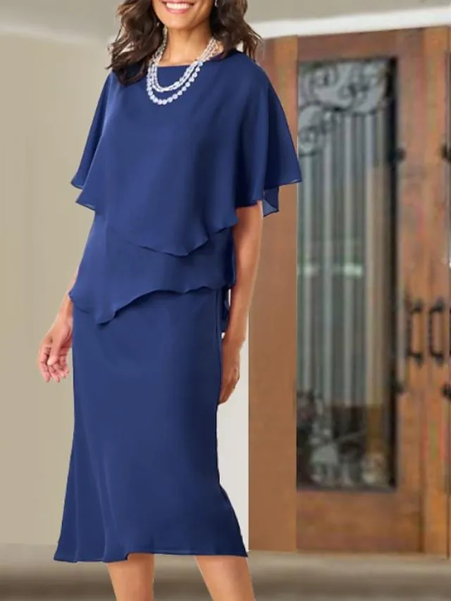 A-Line Mother of the Bride Dress Wedding Guest Elegant Plus Size Jewel Neck Tea Length Chiffon Short Sleeve with Ruffles 2024