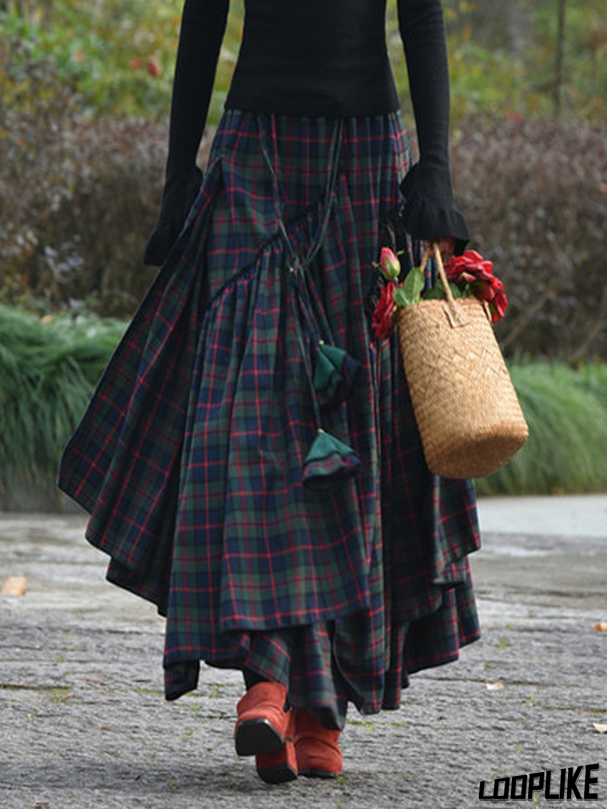 Cotton-Blend Casual Checkered/plaid Skirt