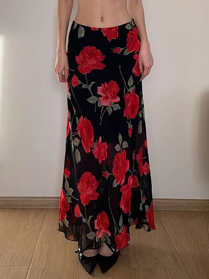 Vintage Floral Print Mesh Layered High-Waist Skirt