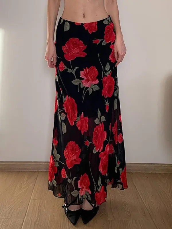 Vintage Floral Print Mesh Layered High-Waist Skirt