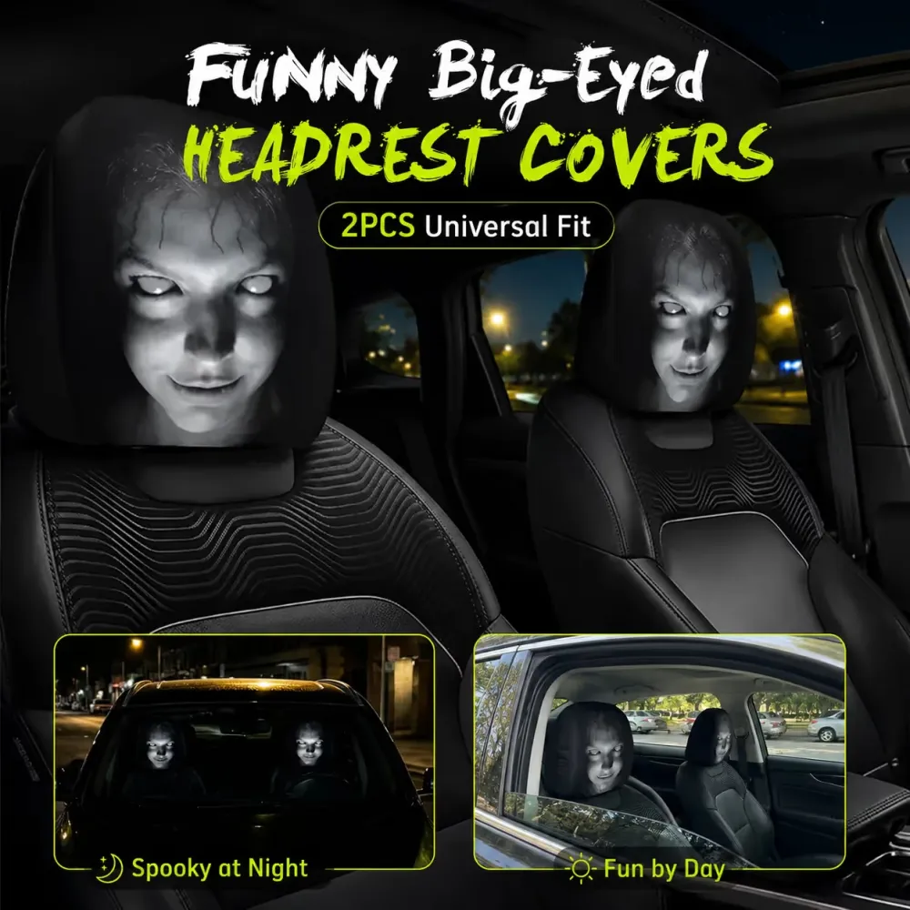 Black & White Creepy Smile Design Car Headrest Cover Stretch Universal Horror Car Dust Cover