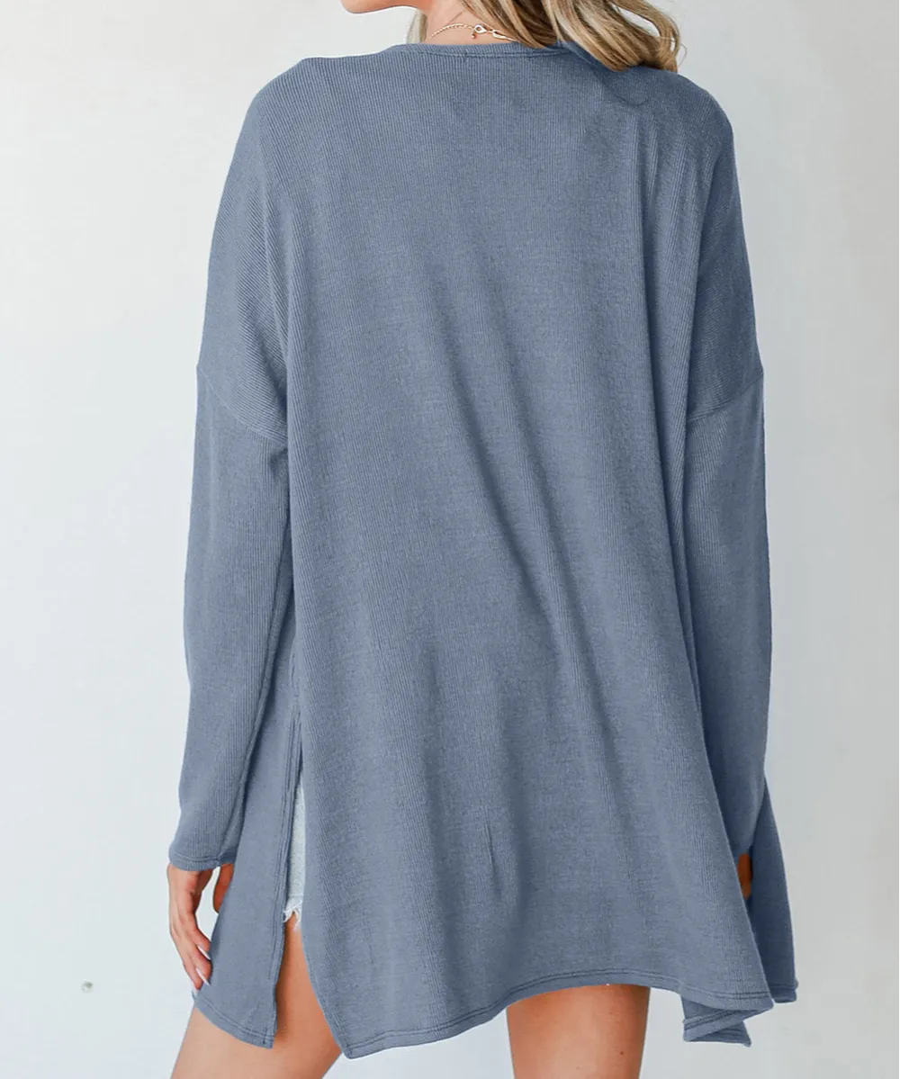 Solid Rib Knit Open Front Tunic Cardigan