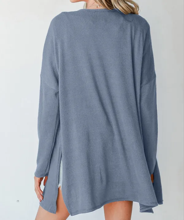 Solid Rib Knit Open Front Tunic Cardigan
