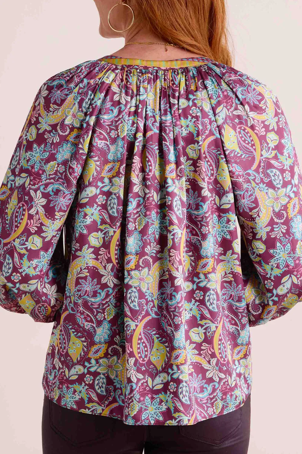 Purple Floral Print Classic V-Neck Long Sleeve Blouse