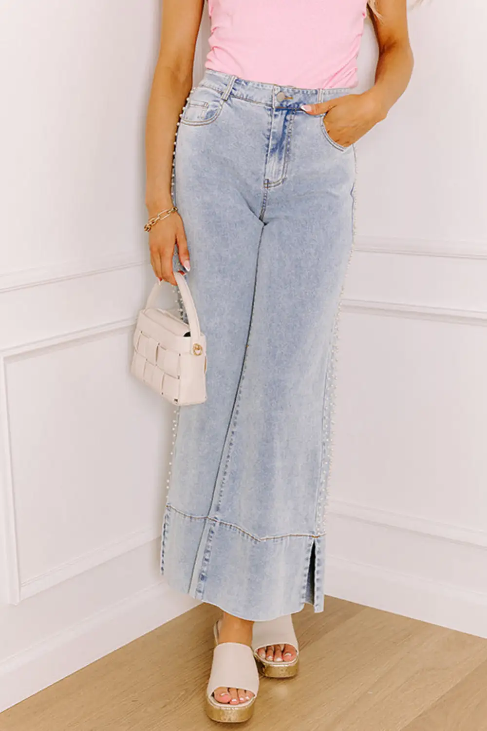 Mid Rise Pearl Embellished Split Wide Leg Jeans