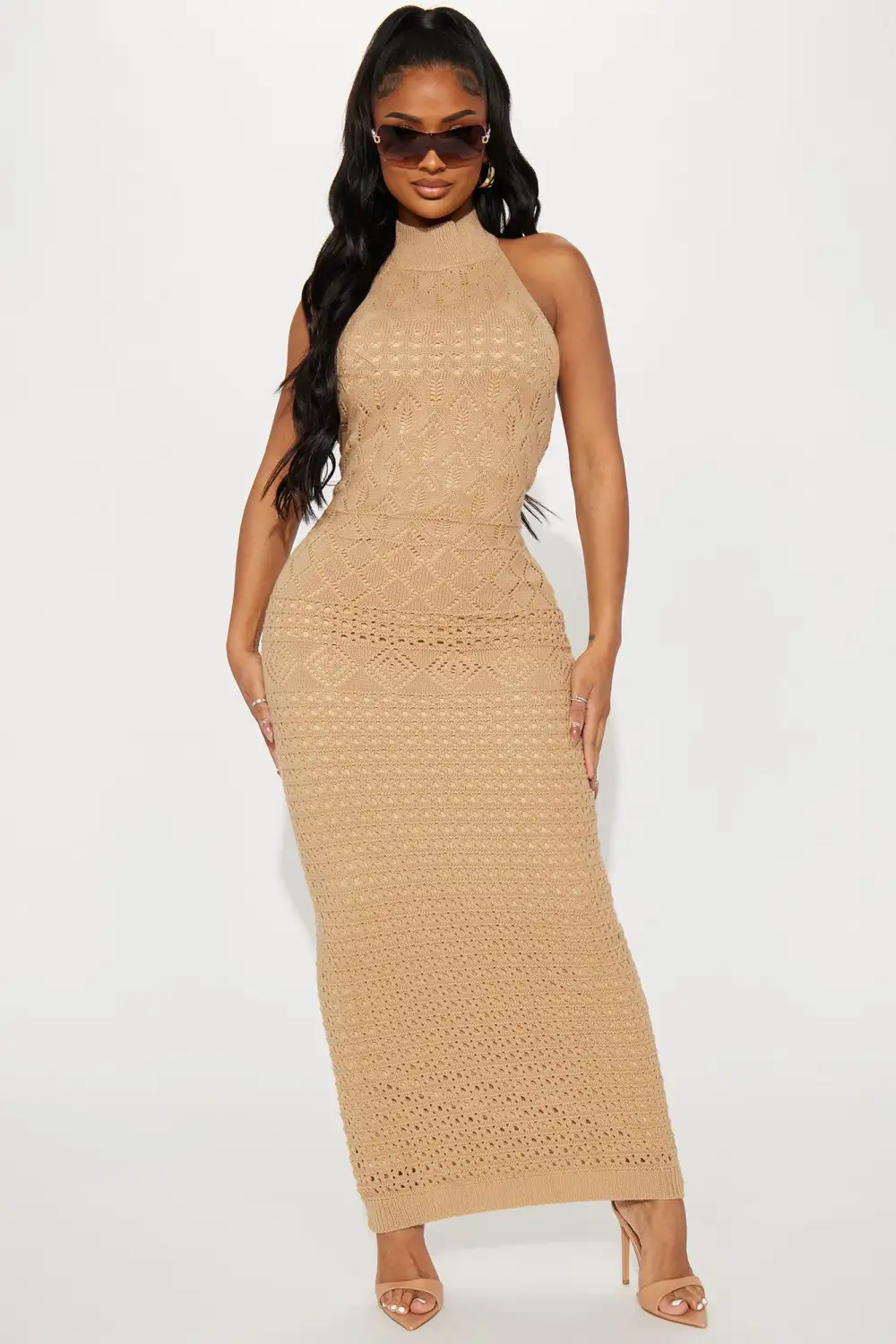 Resort Paradise Halter Crochet Maxi Dress - Taupe