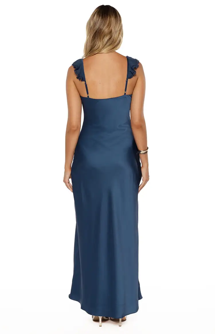 Satin Lace V Neck Frills Maxi Dress