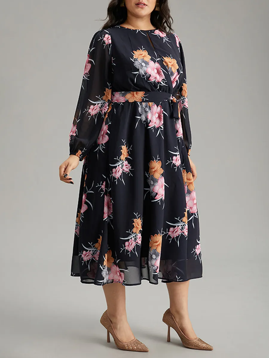 Elegant Senior Floral Waist Dress Midi Skirt