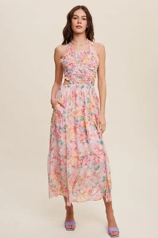 Floral Bubble Textured Two-Piece Style Maxi Dress