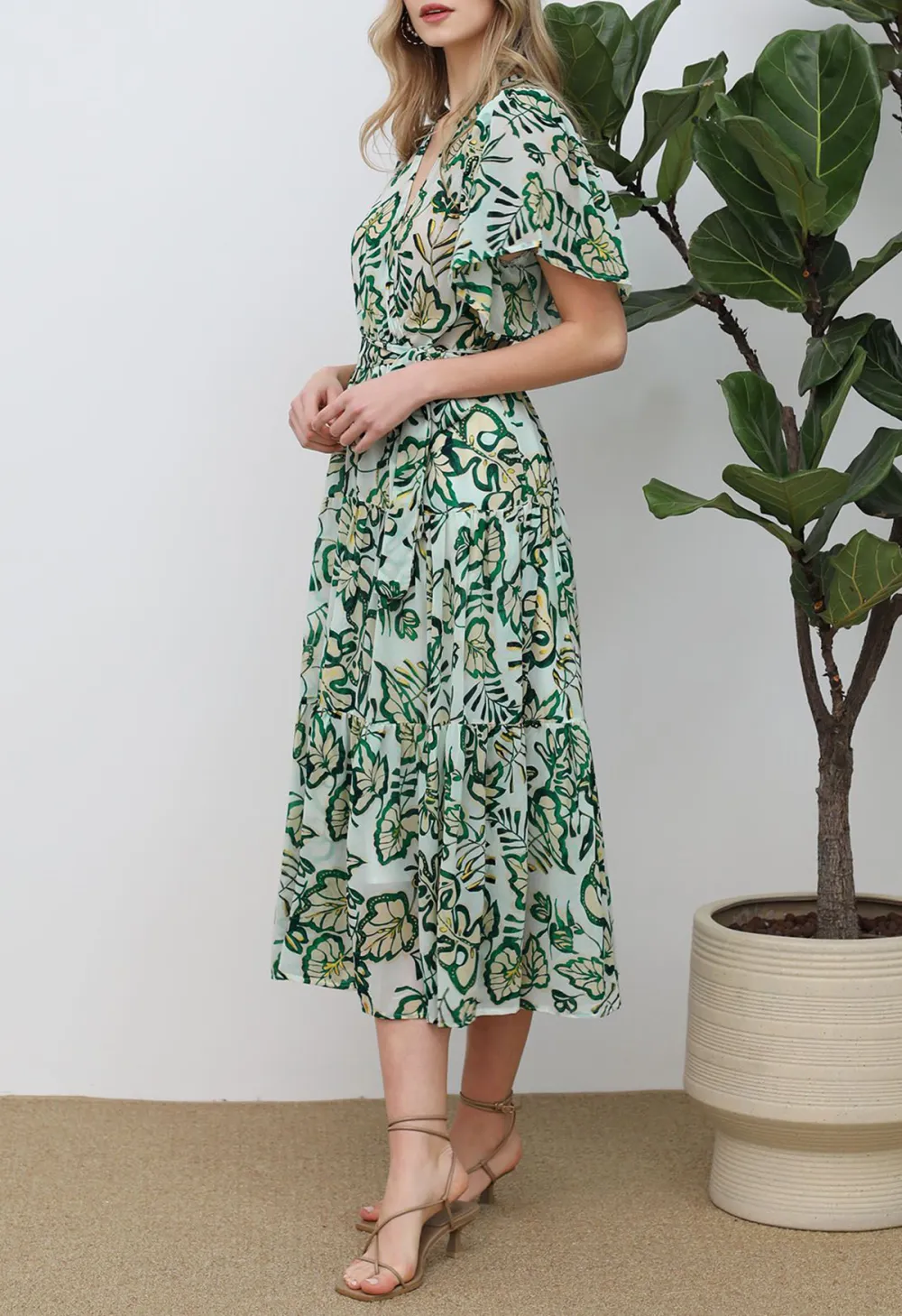 LEAVES PRINTED FLUTTER SLEEVE FAUX-WRAP DRESS