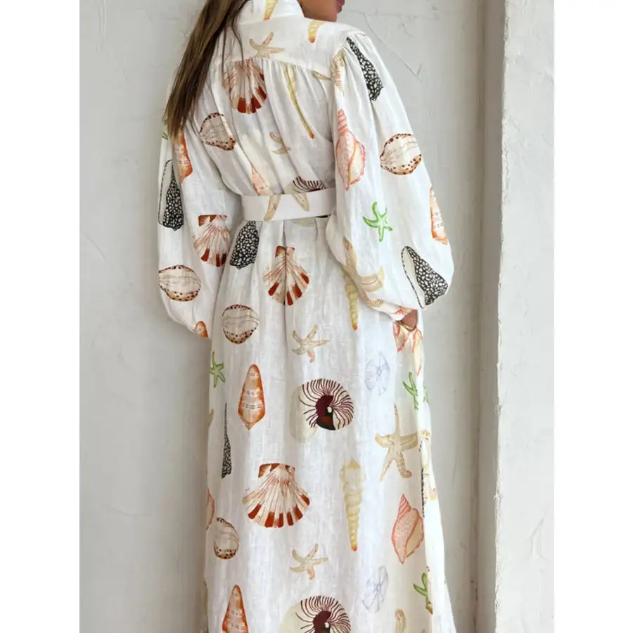 Printed Balloon Sleeve Maxi Shirt Dress