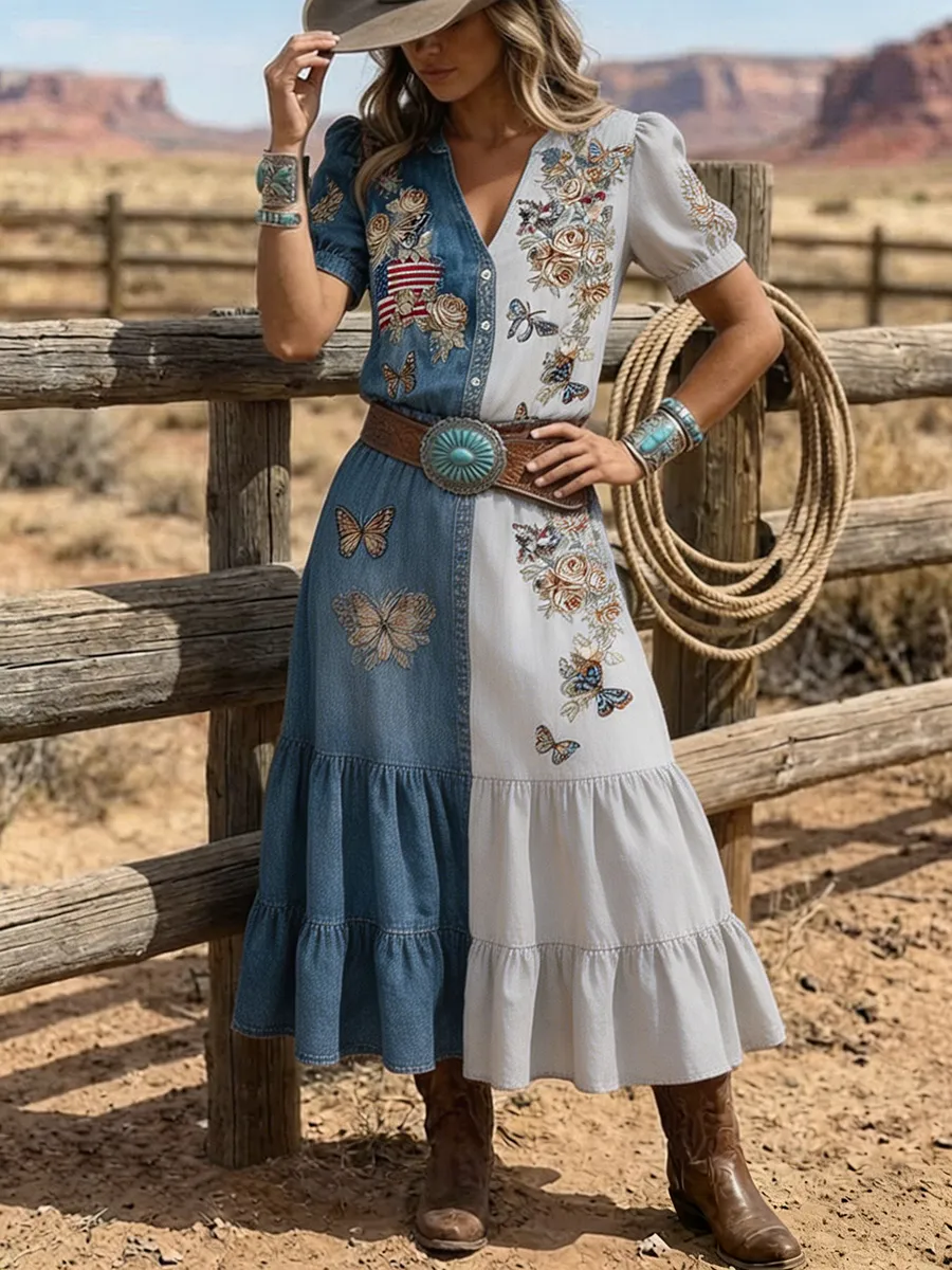 Women's Western Butterfly Embroidered Patchwork Denim Maxi Dress