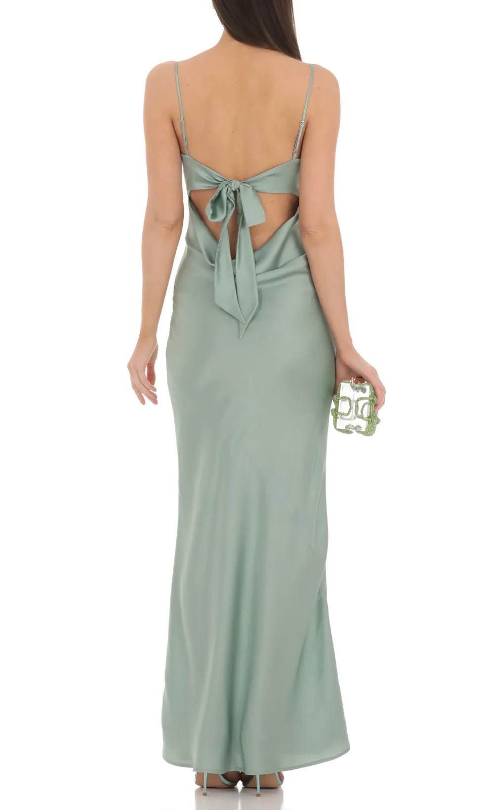 Satin Open Back Maxi Dress In Sage