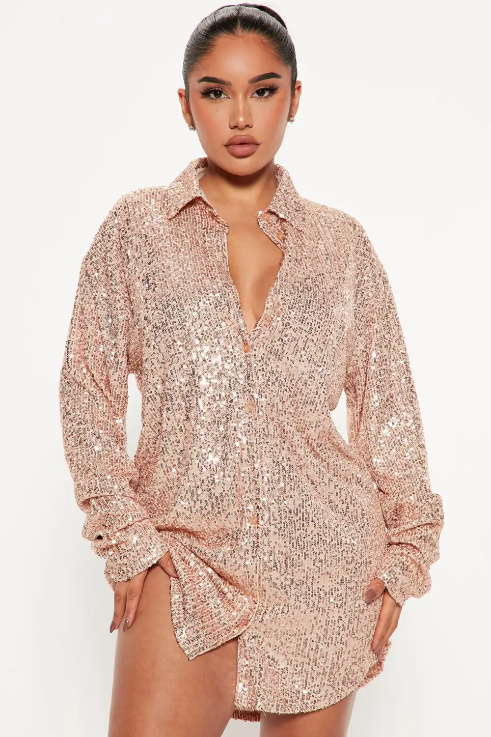 Lumina Sequin Shirt Dress - Rose Gold