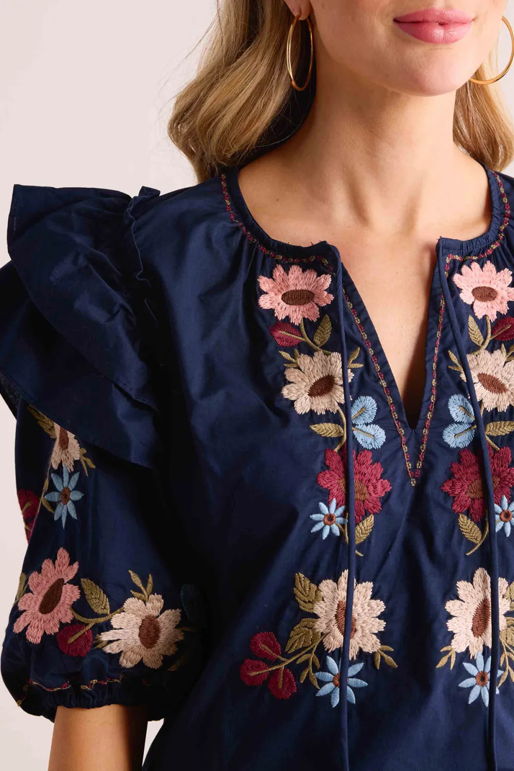 Navy Floral Embroidered Ruffled Sleeve Tie-Front Top