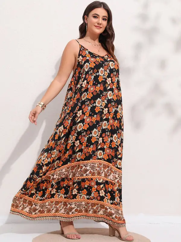 Spirit and Rebel Plus Size Floral Print Boho Maxi Dress