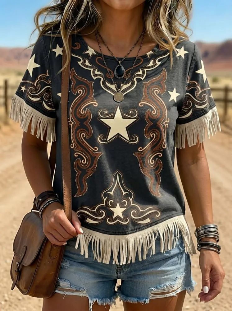 Wild West Art Print Tassel Patchwork Casual Top