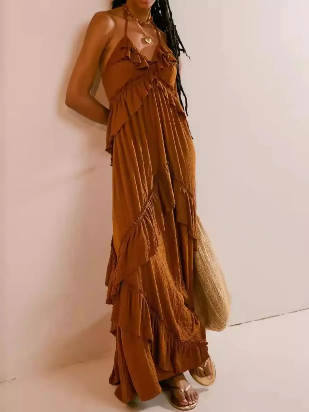 Polished Detail Ruffle Maxi Dress