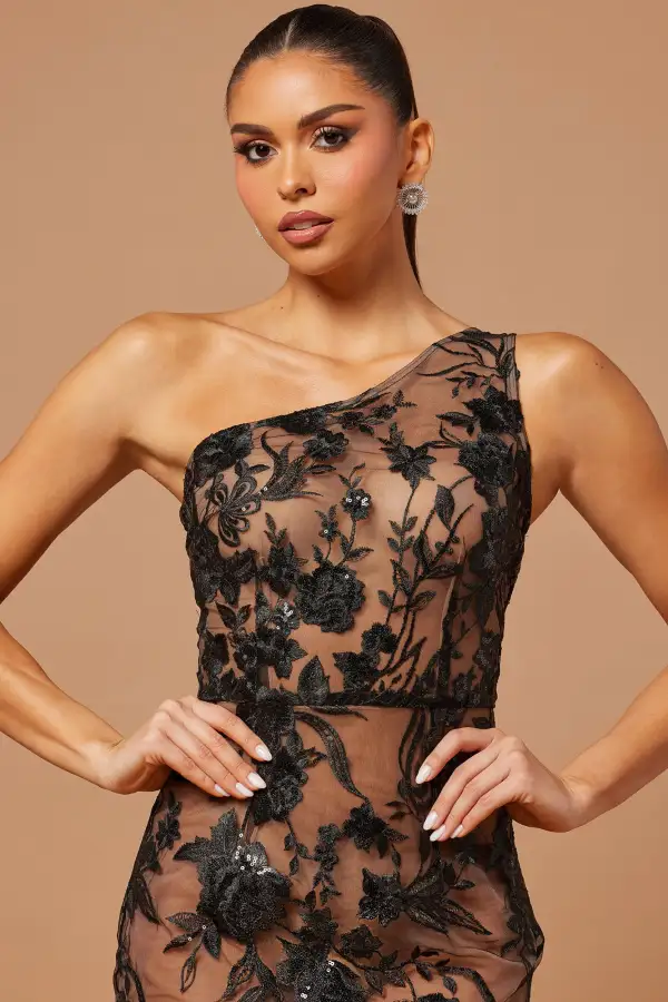 Valeria Sequin Embroidered Midi Dress - Black
