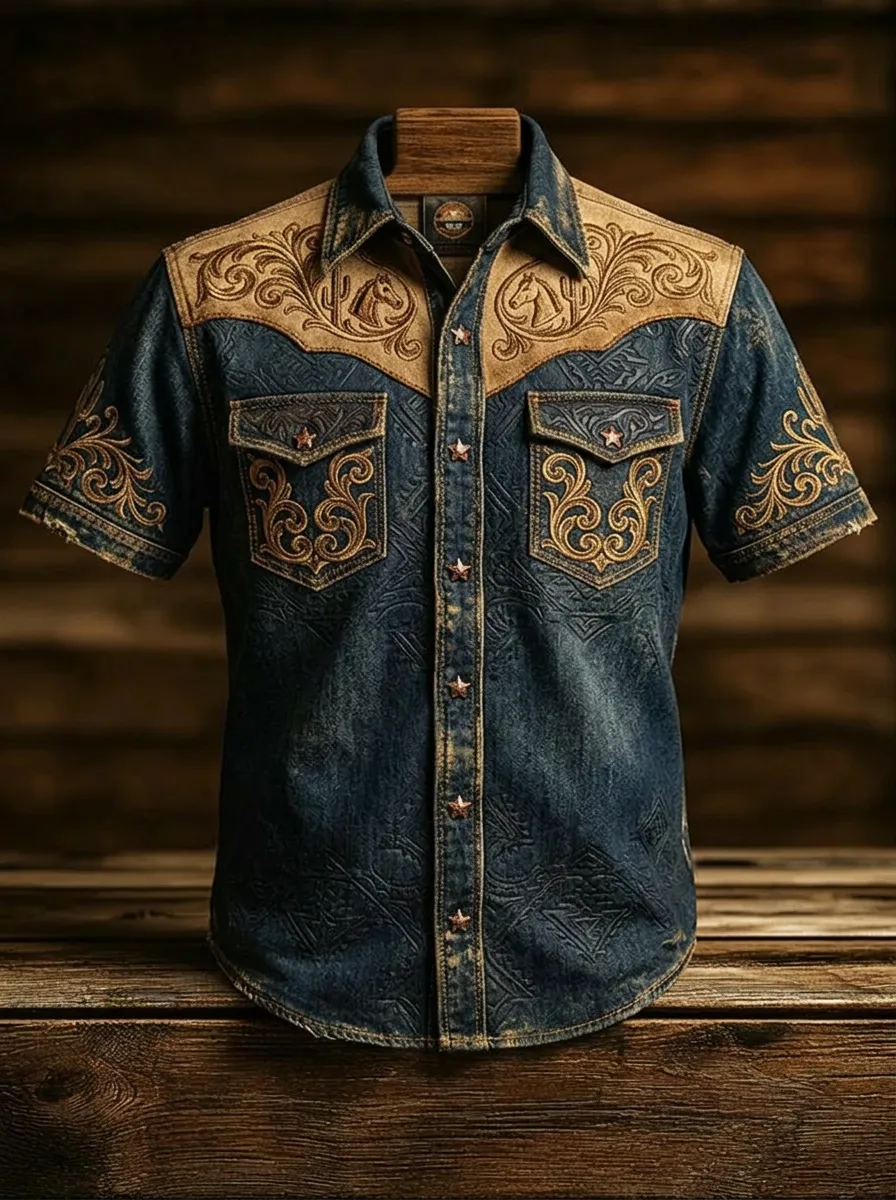 Men's Western Cowboy Horse Floral Embossed Printed Shirt