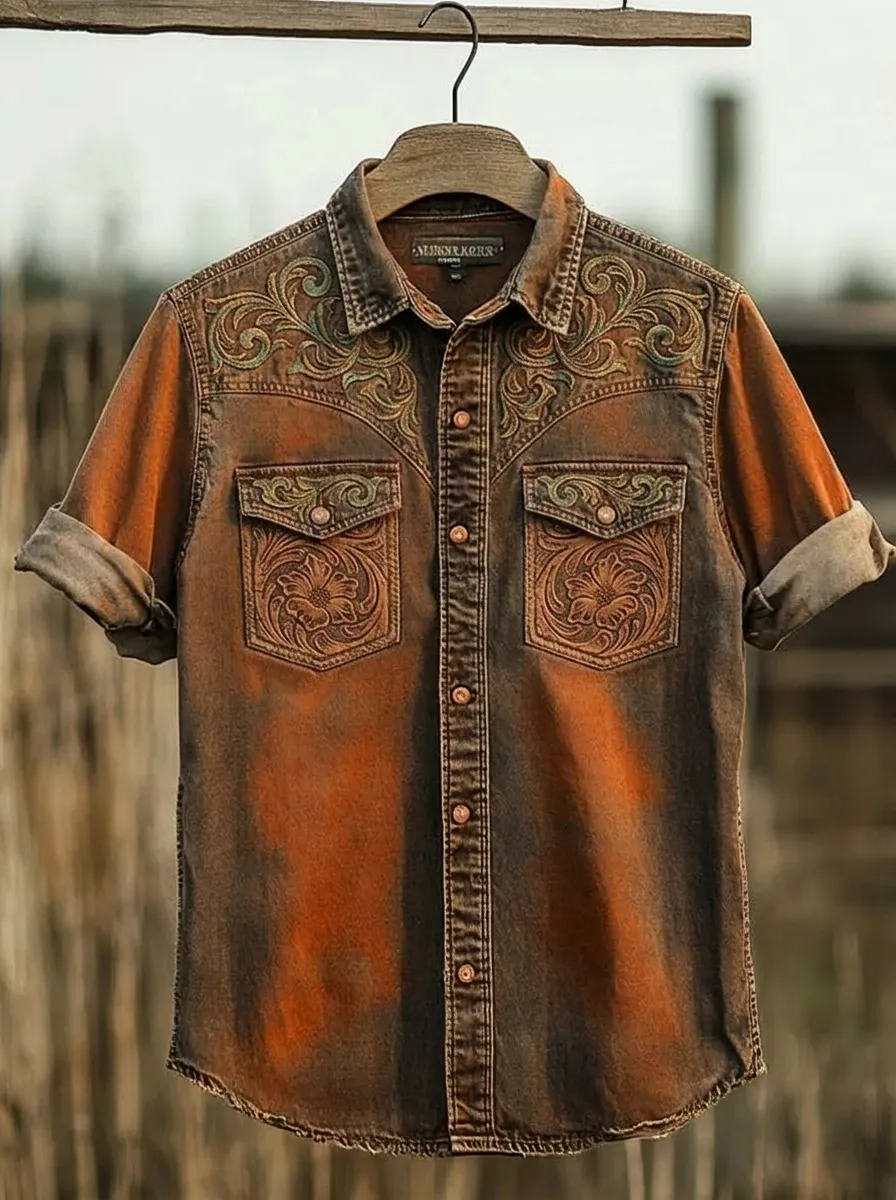 Men's Western Style Floral Tooled Leather Pattern Printed Shirt