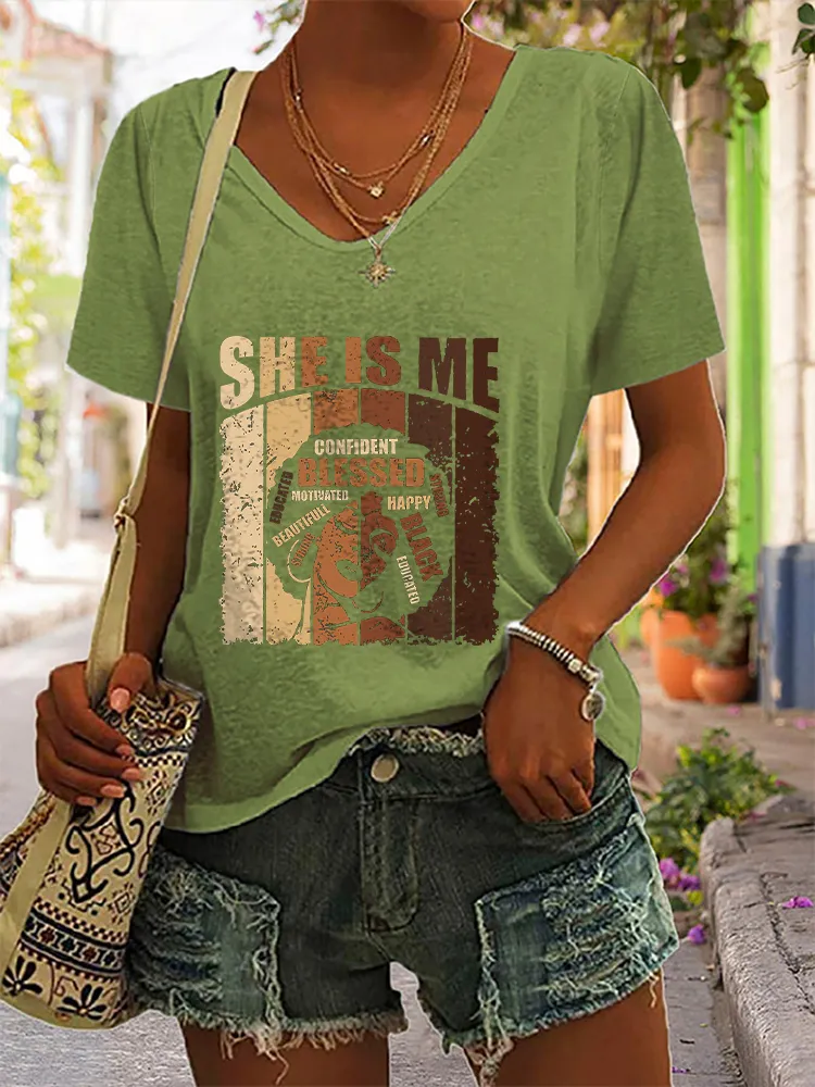 Women's She Is Me Confident Blessed Black V-Neck Short-Sleeved T-Shirt