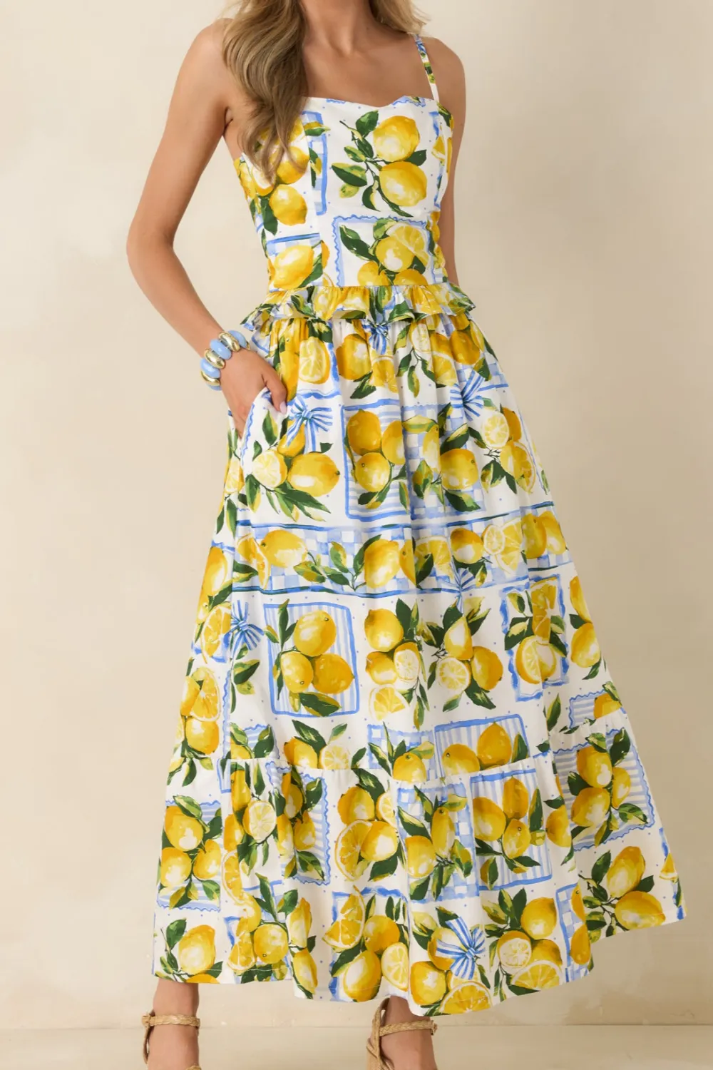 Citrus Charm Multi Lemon Print Cotton Maxi Skirt