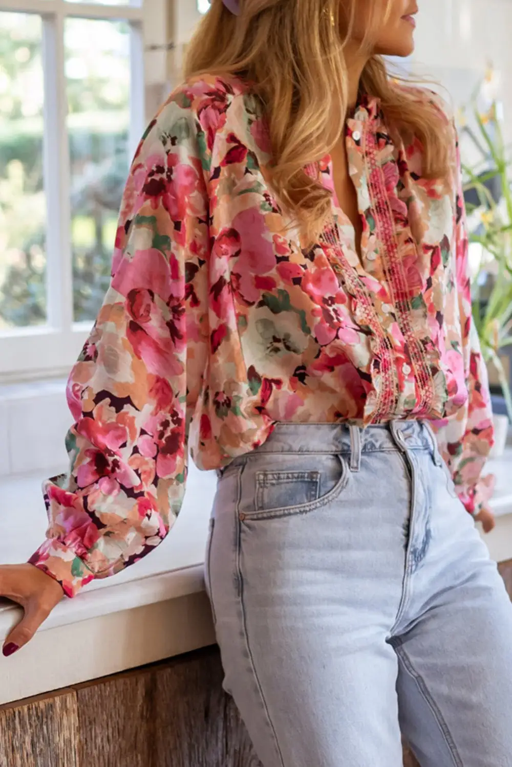 Floral Ruffle Sleeve Button Front Blouse