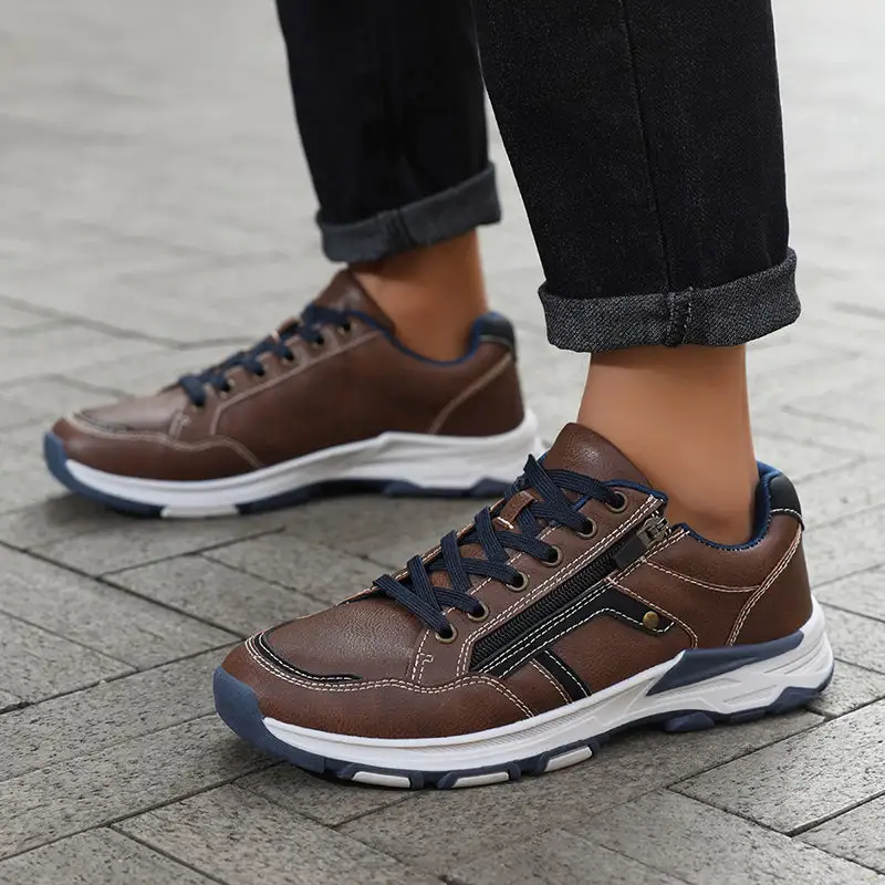 ⏰Limited Time Sale 70% OFF - Men's Genuine Leather Hiking Shoes - Outdoor Work Shoes -Side Zipper, Lightweight, Wide Toe Box, Arch Support, Shock Absorption, Waterproof, Slip-Resistant