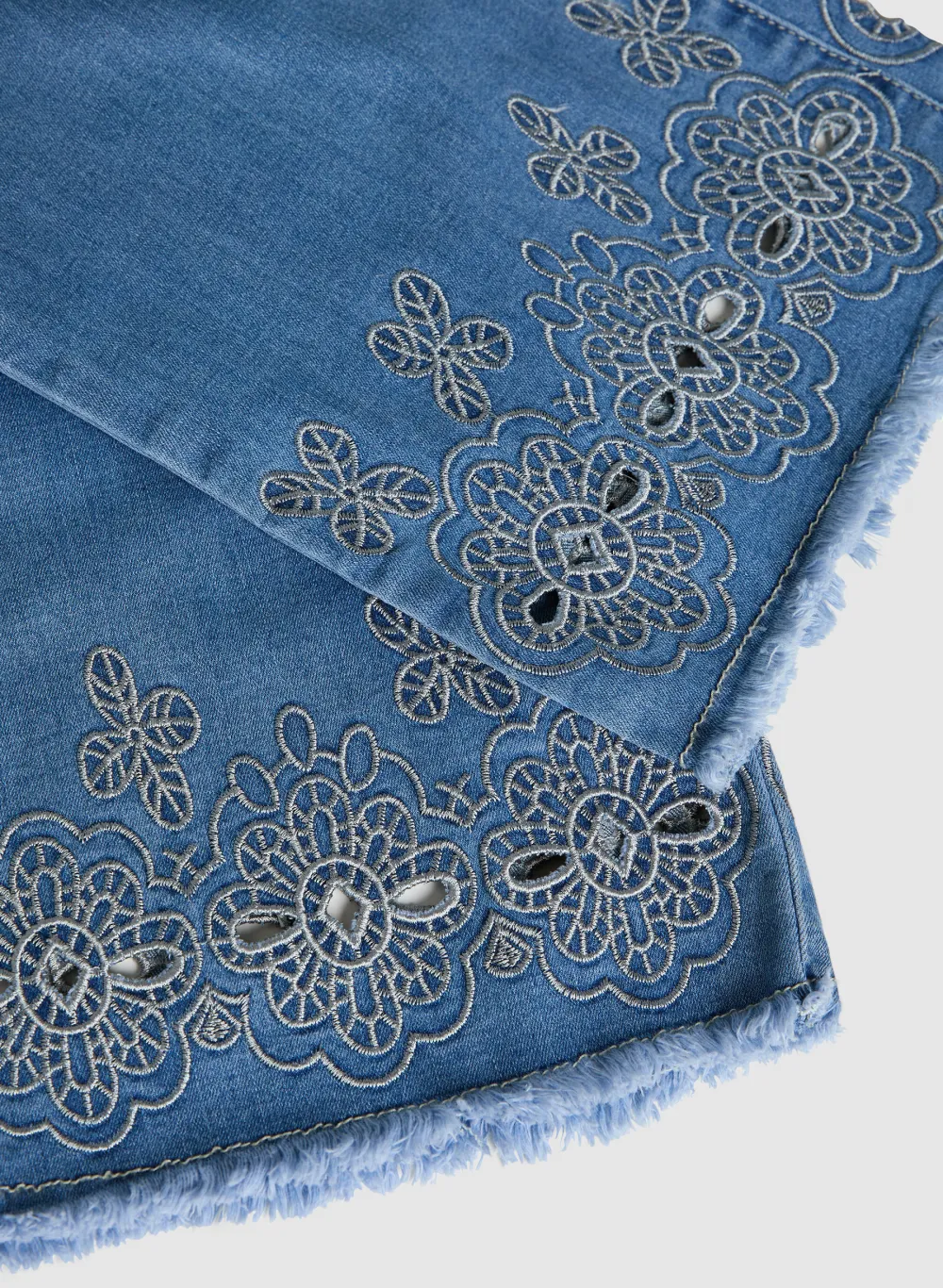 Embroidered Floral Denim Wide-Leg Pants