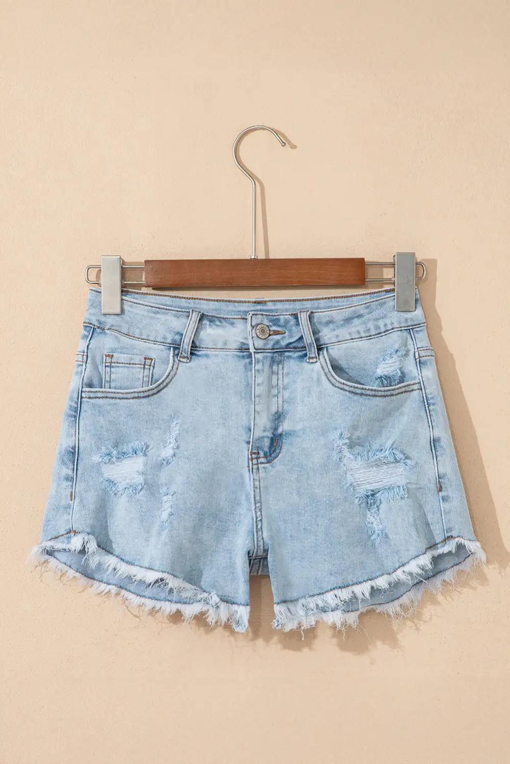 High Rise Distressed Raw Hem Denim Shorts