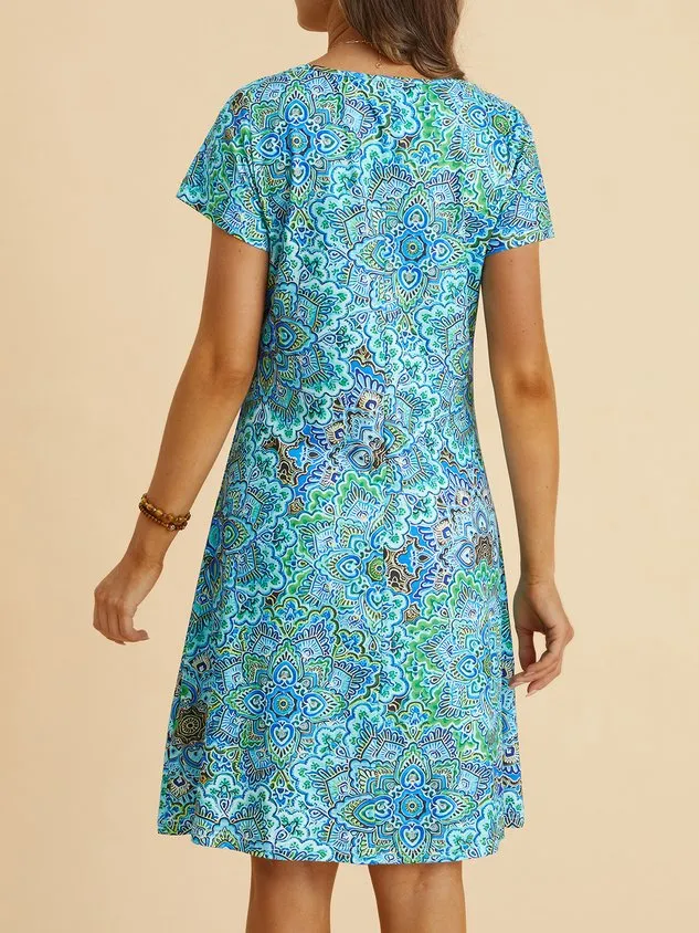 Paisley V Neck Loosen Short Sleeve Knit Dress