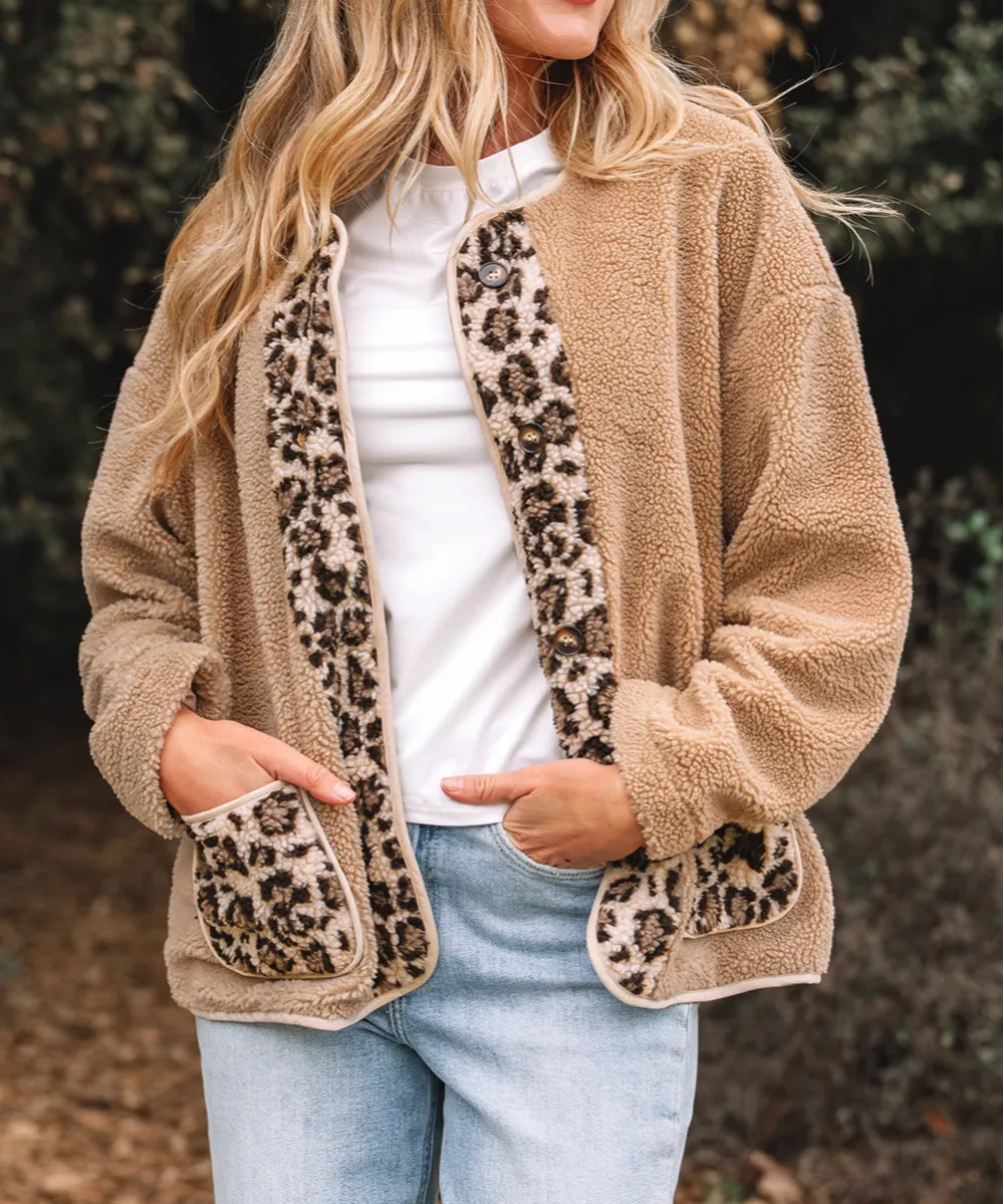 Casual Leopard Print Accent Plush Jacket With