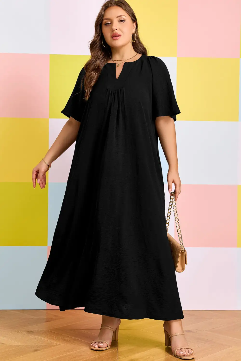 Split Neck Short Sleeve Dress Casual