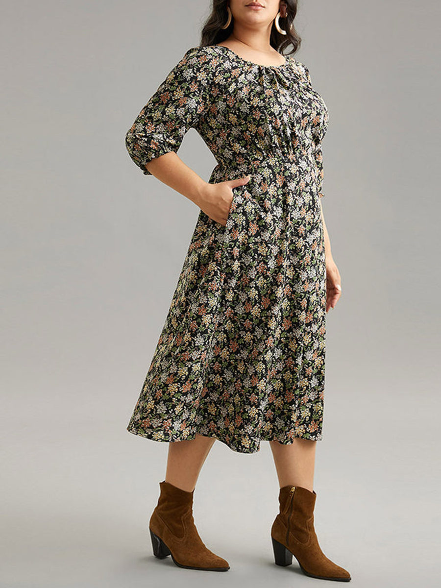 Crew-neck spliced plus-size floral dress for women