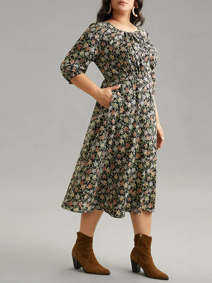 Crew-Neck Spliced Plus-Size Floral Dress For Women