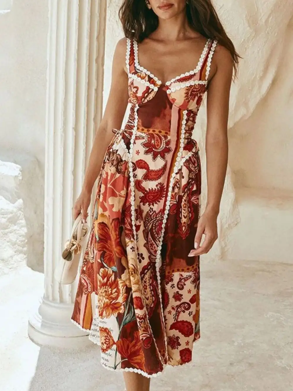 Paisley Print Lace Midi Dress