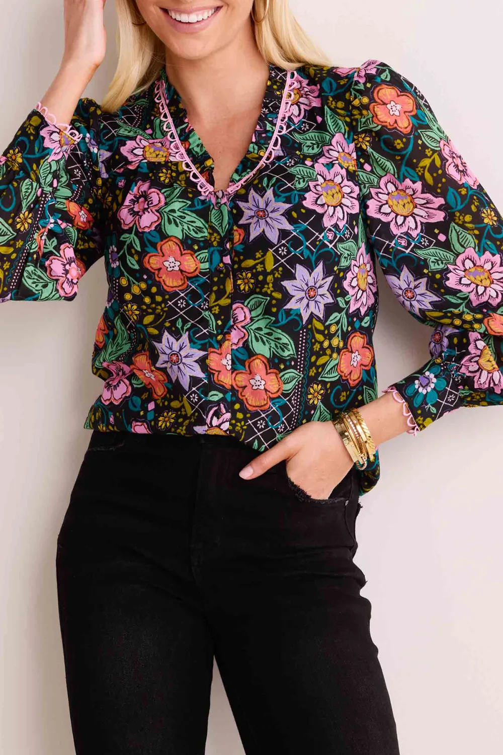 Multicolored Floral Print V-Neck Long Sleeve Blouse