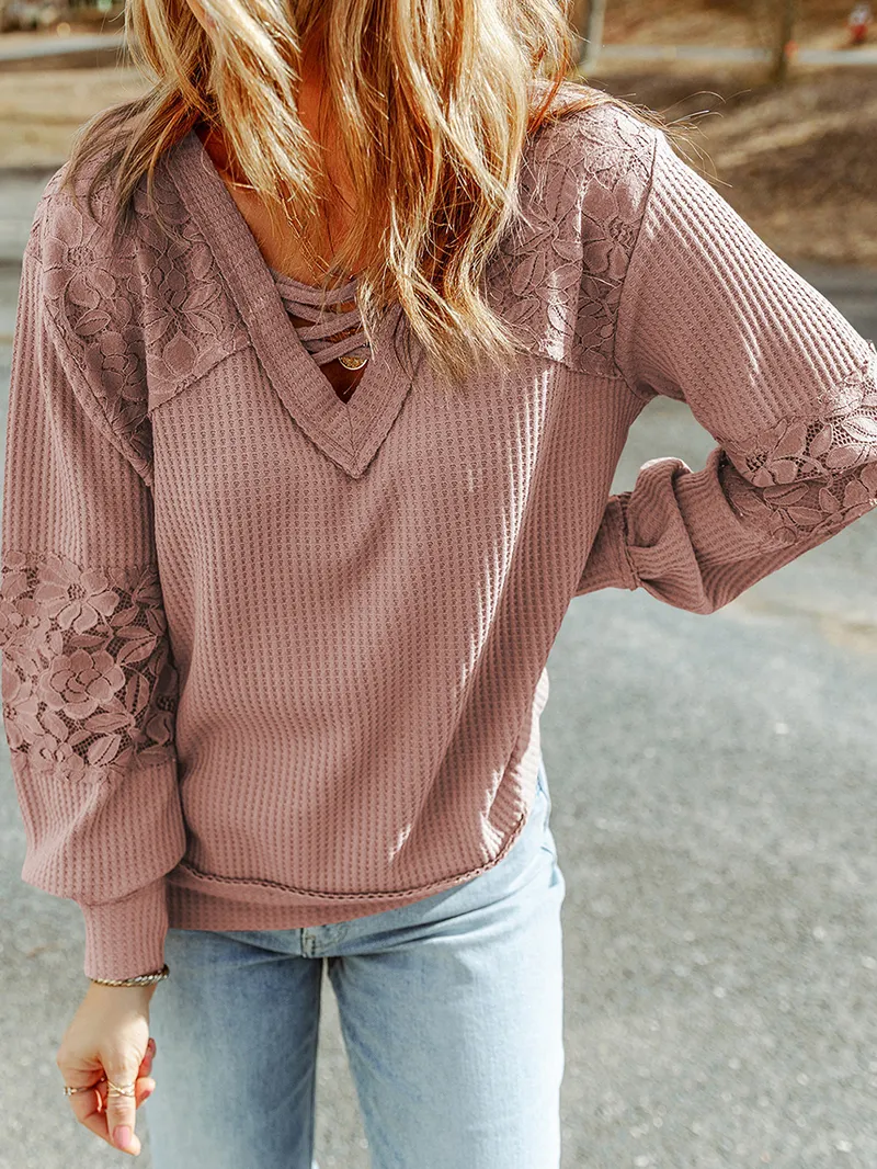 Waffle plaid lace up V-neck long sleeved top